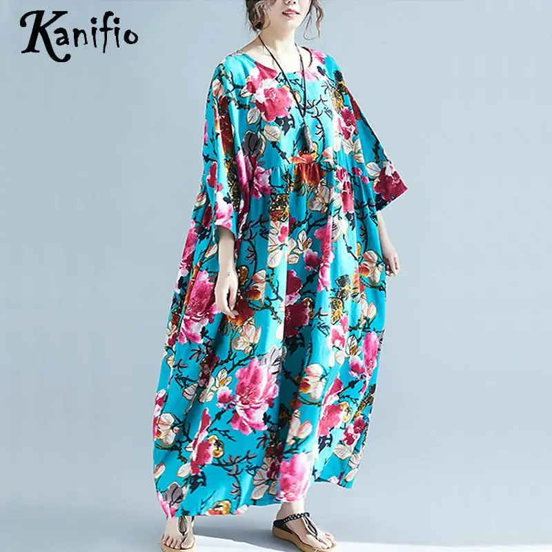 Женское платье с цветочным принтом Kanifio богемное длинное из хлопка и льна большие