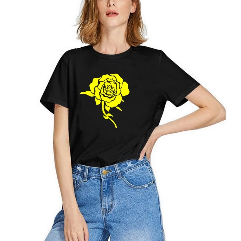 

19 Colors New Soft Loose Hot Sale Solid Fresh Yellow Rose Printing New T-shirt Women Fashion Natural Short Basic Shirt Top