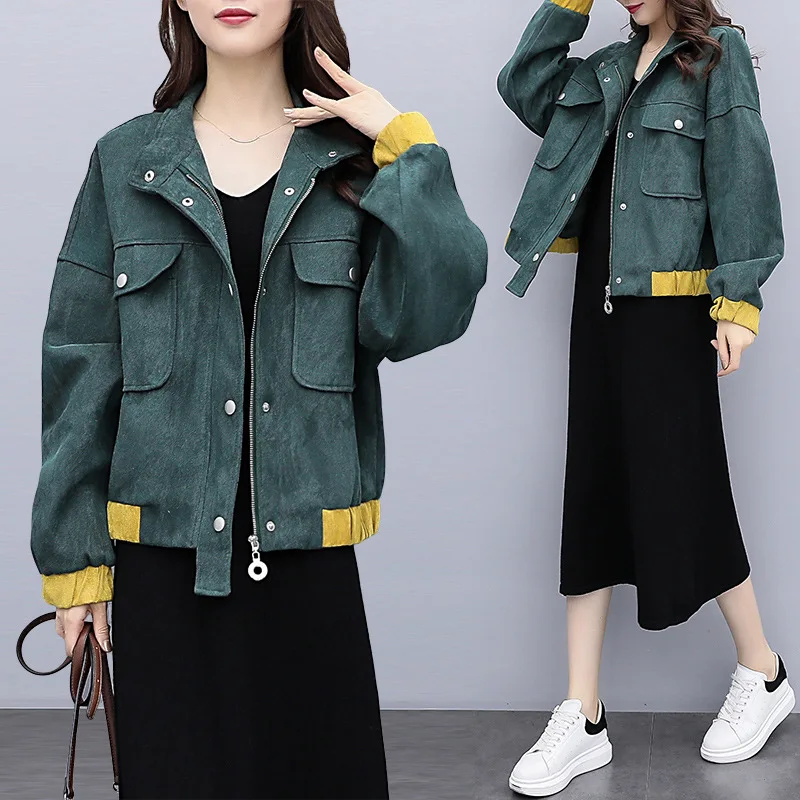 

2019 Autumn And Winter New Style Large Size Dress Fat Mm Cover Meat Slimming Contrast Color Mid-length Jacket Women's Fashion