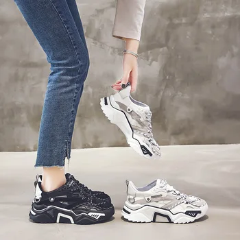 

Fashion Patchwork Chunky Sneakers Women Paltform Vulcanized Dad Shoes Black White Reflective Thick Soles Shoes Female