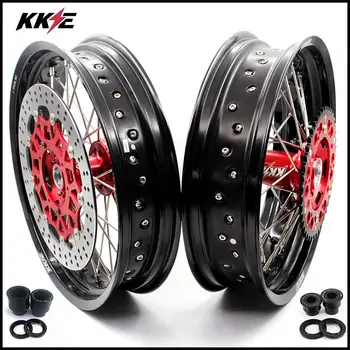 

KKE 3.5/4.25 Supermoto Motard Wheels Set For HONDA XR650L 1993-2018 Front 320MM Red Oversize Disc Black Aluminum Rims