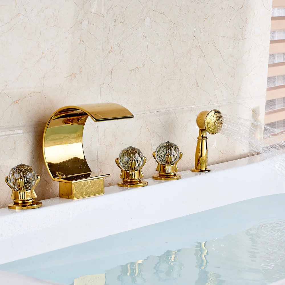 Золотой смеситель для ванны Водопад широкая Ванна смеситель на бортике выдвижной ручной душ для ванны набор для душа 3 ручки - Цвет: Красный