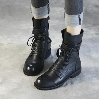 

Female Genuine Cow Leather Woman Footwear Retro Shoes Handmade Ankle Black Footwear Boots Rubber Low Heels Riding Normal Size