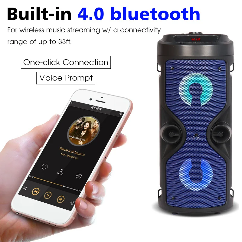 Портативный 4 дюймовый рупорный 3D звук bluetooth Динамик Системы Красочный Светодиодный светильник громкий Динамик с дистанционного управления, проводной микрофон