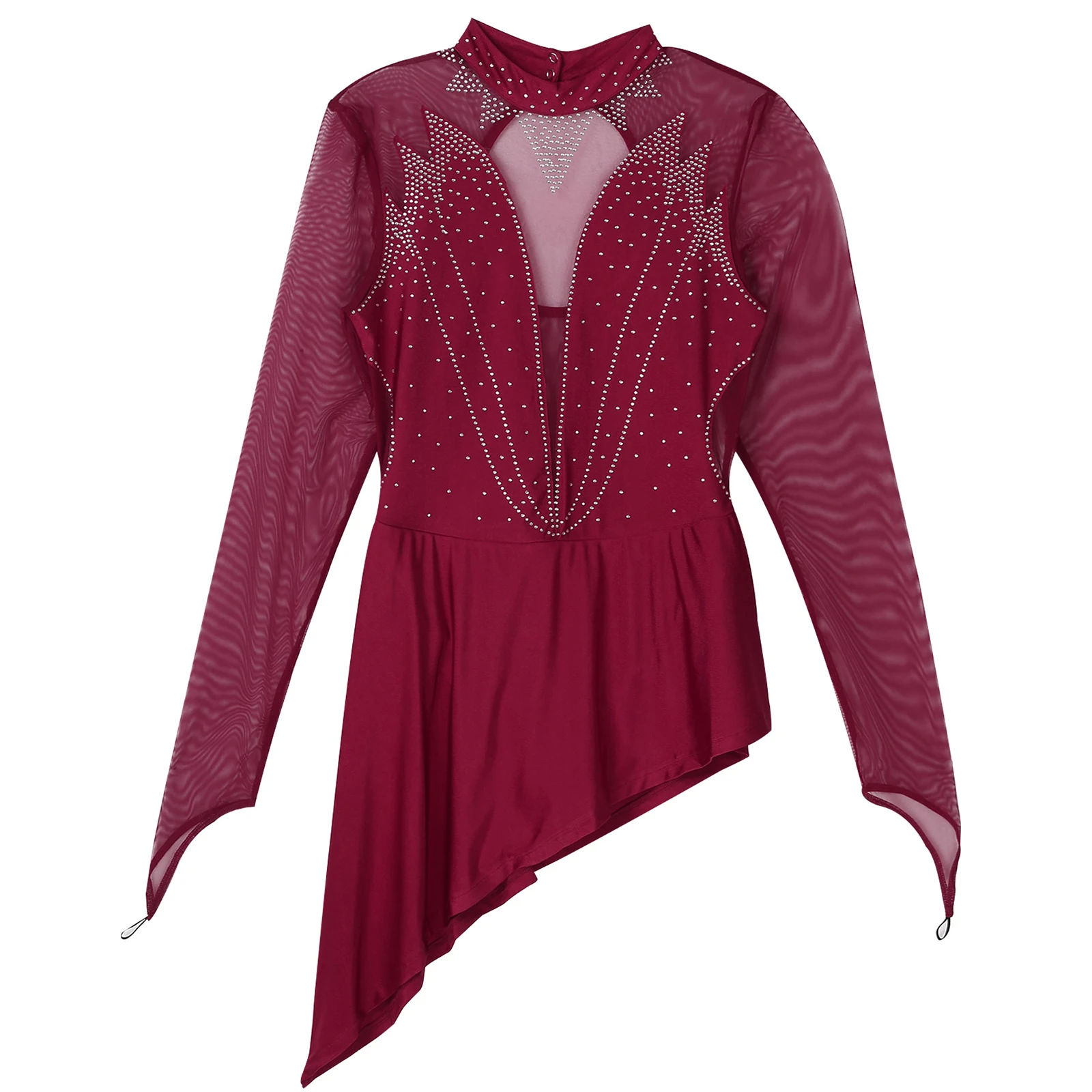 Women Adults Figure Skating Dress Diamond Mesh Long Sleeve Ballet Dress Gymnadtics Leotards for Daning Competition Clothes