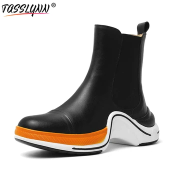 

TASSLYNN 2020 Women Designer Boots Genuine Leather Slip-On Ankle Boots for Women Motorcycle Boots Round Toe Winter Shoes