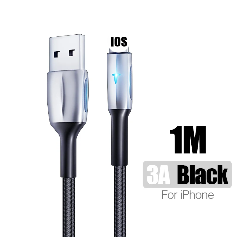 Светодиодный Micro USB кабель для samsung s10 Honor Быстрая зарядка Android мобильный телефон Microusb кабель для iphone 6s 7 8 Plus шнур зарядного устройства - Цвет: Black