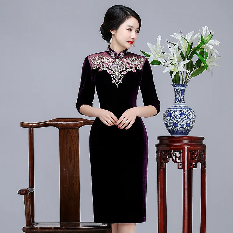Элегантное женское вечернее платье, винтажное, с бусинами, цветами, Qipao, сексуальное, бархатное, Cheongsam, велюровое, с высоким разрезом, новинка, облегающее, Vestidos