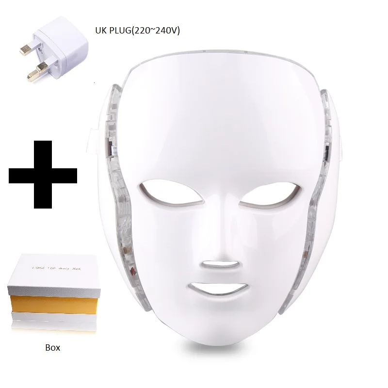 7 цветов светодиодный для лица, маска для лица Устройство для приготовления маски Фотон терапия светотерапия акне маска шеи красоты светодиодный маска морщин подтягивающий кожу - Цвет: UK Plug with box
