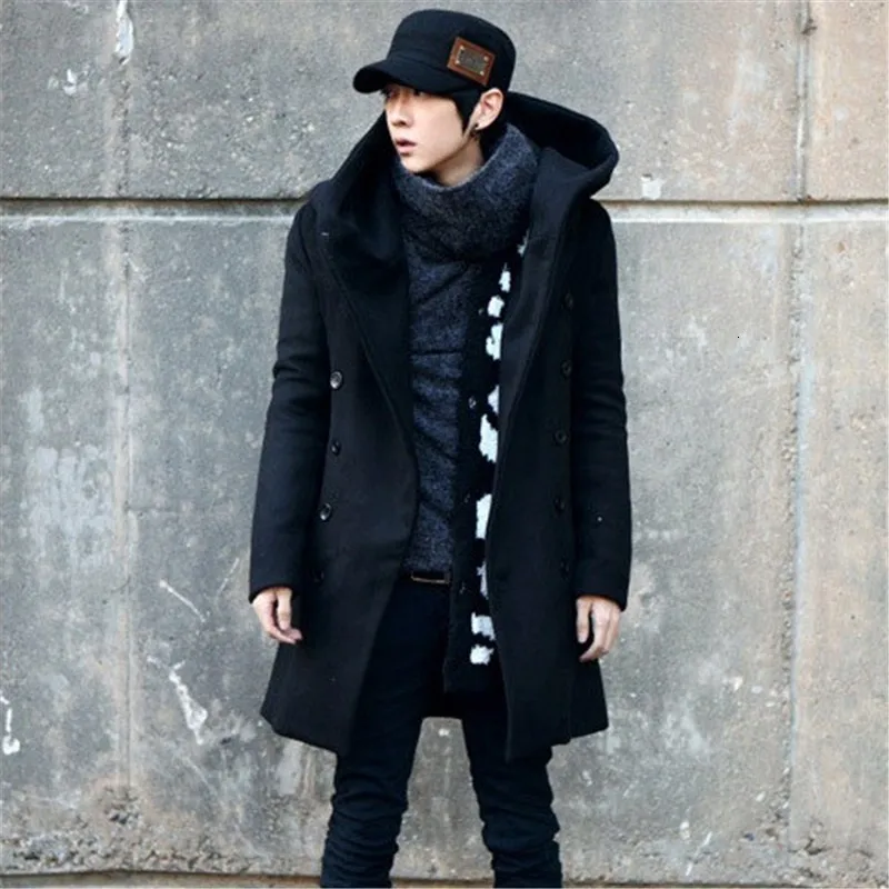 Мужское зимнее длинное приталенное шерстяное пальто с капюшоном, толстое шерстяное пальто с капюшоном, ветровка м