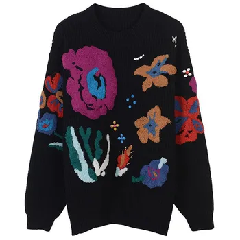 

Loose O-neck Pullover Sweater Women Puff Sleeve Knitted Top Autumn Winter Female Ovrsized Floral Embroidry Sweater Jumper Ladies