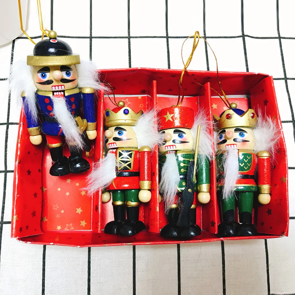

4 Pcs Nutcracker Christmas Pendant Set Nutcrackers Toy Wooden Figurines Ornaments Xmas Tree Hanging Doll Soldier New Year Decor