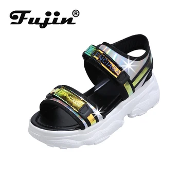 

Fujin Muffin Sandals Female Mixed Colors Summer 2020 Fashion Casual Wild Out Thick Sole Breathable Shallow Sandals Women Shoes
