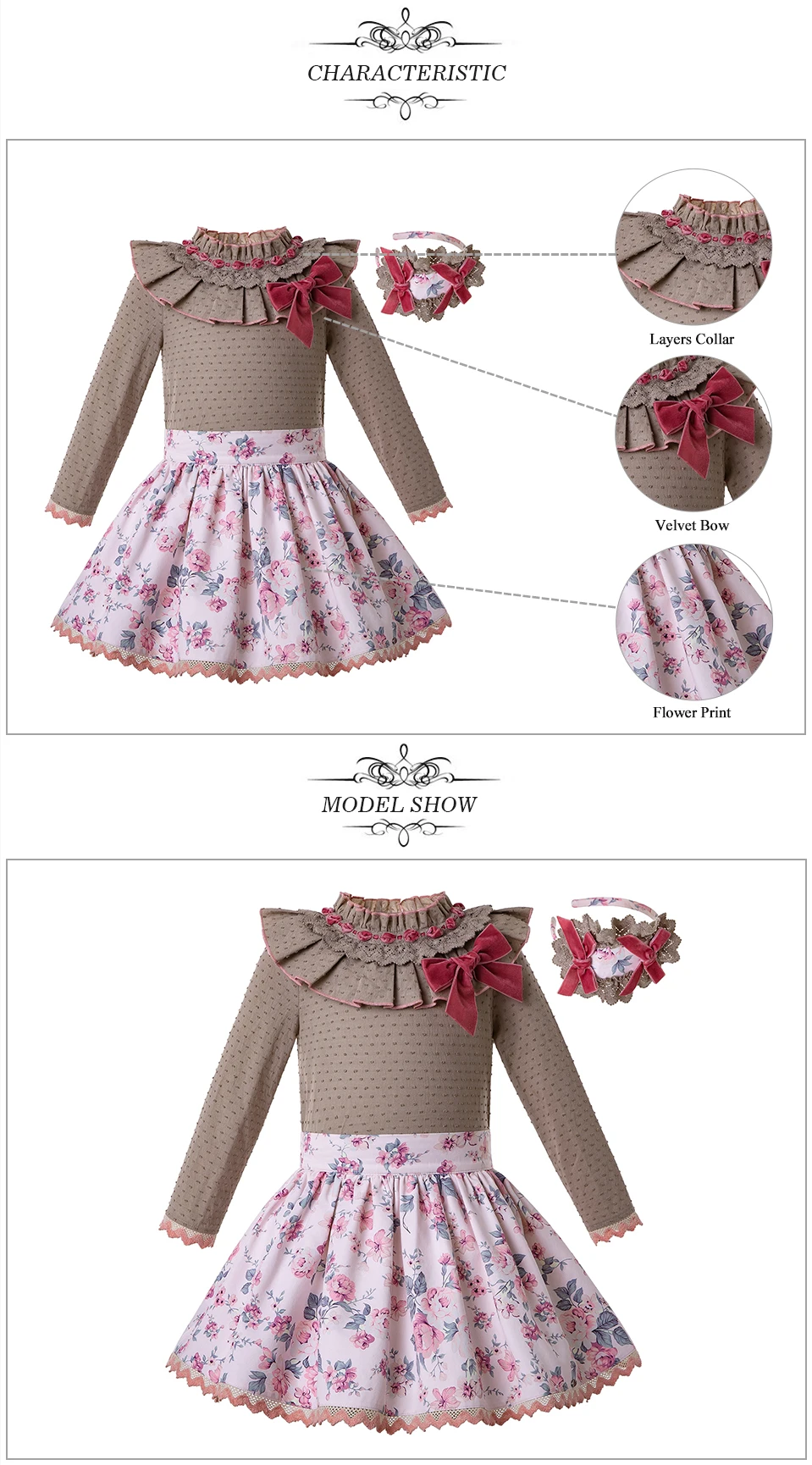 Pettigirl/Осенняя коричневая блузка в горошек для девочек+ юбка с цветочным принтом комплект одежды для девочек+ повязка на голову с бантом, одежда для детей