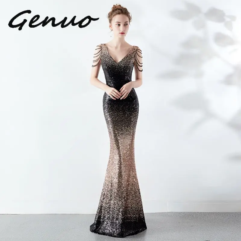 Genuo, новинка, Trajes De Gala, v-образный вырез, вечерние платья, сексуальные, с блестками, на молнии, сзади, Русалка, в пол, Vestido De fiesta largo - Цвет: Золотой