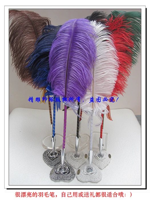 45cm Ballpoint pen wedding party pen birthday gift feather pen with stand Small ostrich wool pen holder peorchid customized feather fan bridal ostrich fan bouquet great gatsby 1920 s style bling crystal wedding hand fan bouquet