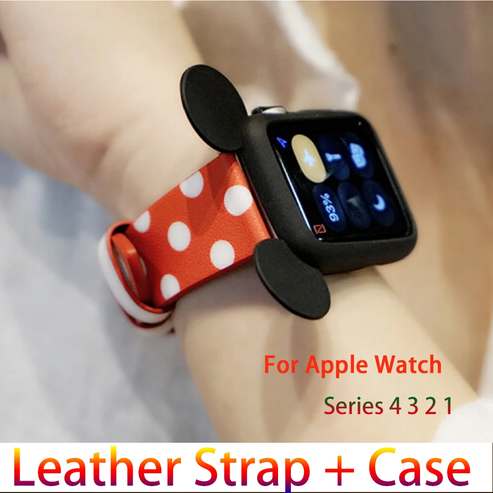 Ремешок из натуральной кожи + чехол для apple watch band 42 мм 38 мм iwatch 4 полосы 44 мм 40 мм Микки корпус для мыши женский ремешок для часов 4 3 2 1