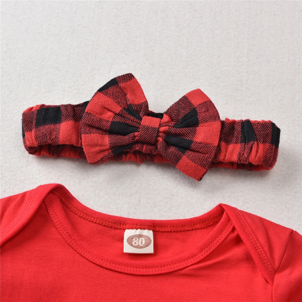 Christmas Infant Kids Baby Girl Long Sleeve Cotton Bodysuit Tops Plaid Lace Skirt Headband 3PCS Xmas Clothing Set