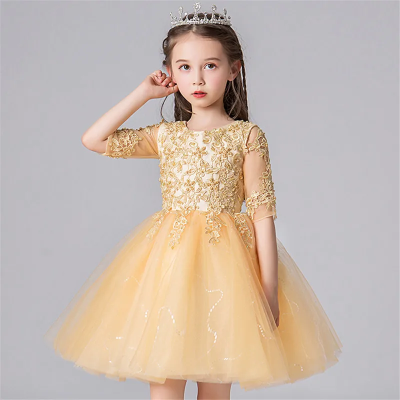 golden short dress Роскошное Новое Детское элегантное кружевное платье принцессы с вышивкой для дня рождения, свадьбы, вечеринки костюмы для девочек - Цвет: golden short dress