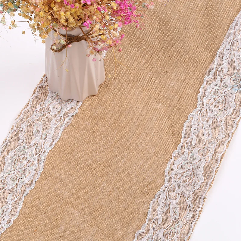 12 x 108 Inch Jute Burlap with Lace Table Runners Vintage Country Outdoor Wedding Party Decorations Laoban Burlap Lace Hessian Table Runner 