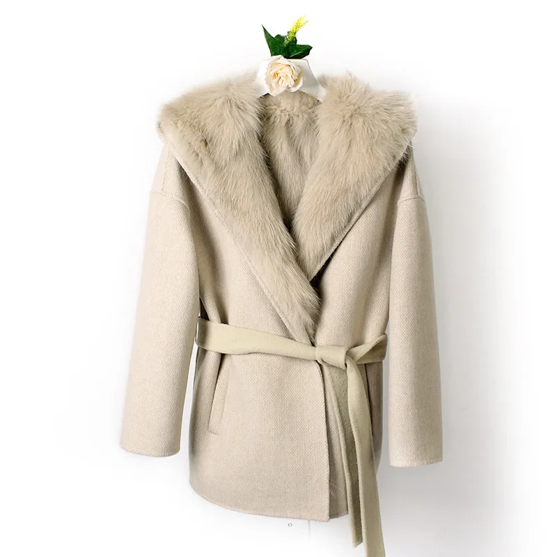Для женщин меховые пальто Зимняя верхняя одежда отдельно стоящий реальный опушка из лисьего меха двухсторонняя шерстяное кашемирвое пальто женское Casaco Feminino