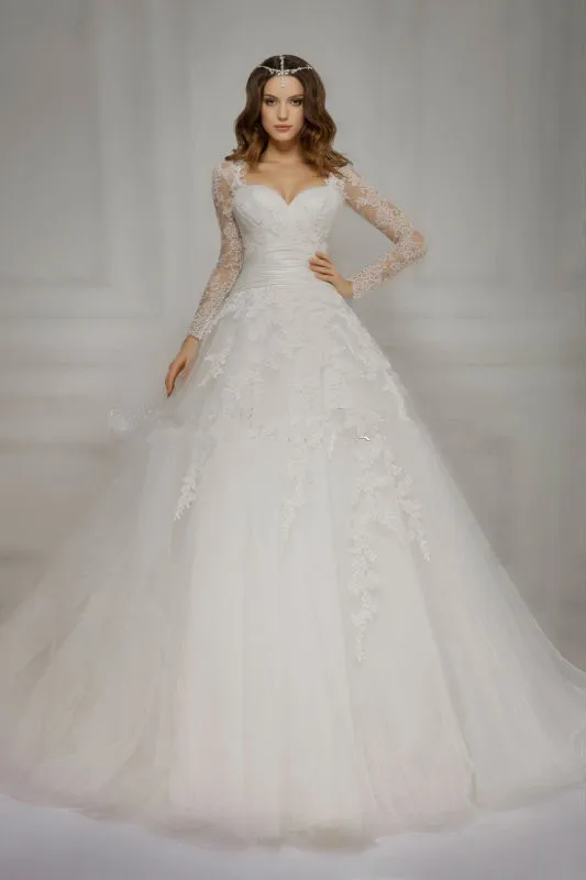 Vestido De Noiva белое свадебное платье на шнуровке, выполненный на заказ, романтичный принцесса свадебные платья из фатина кружевное свадебное платье с длинным рукавом