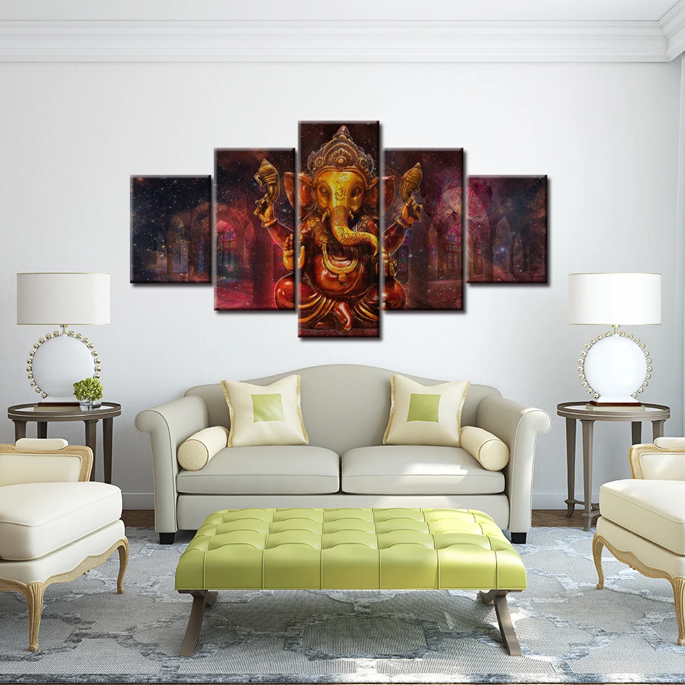 

5 Panel Canvas Painting HD Lord Ganesha in church with Planetary landscape Pictures for living room Modern Home Decor