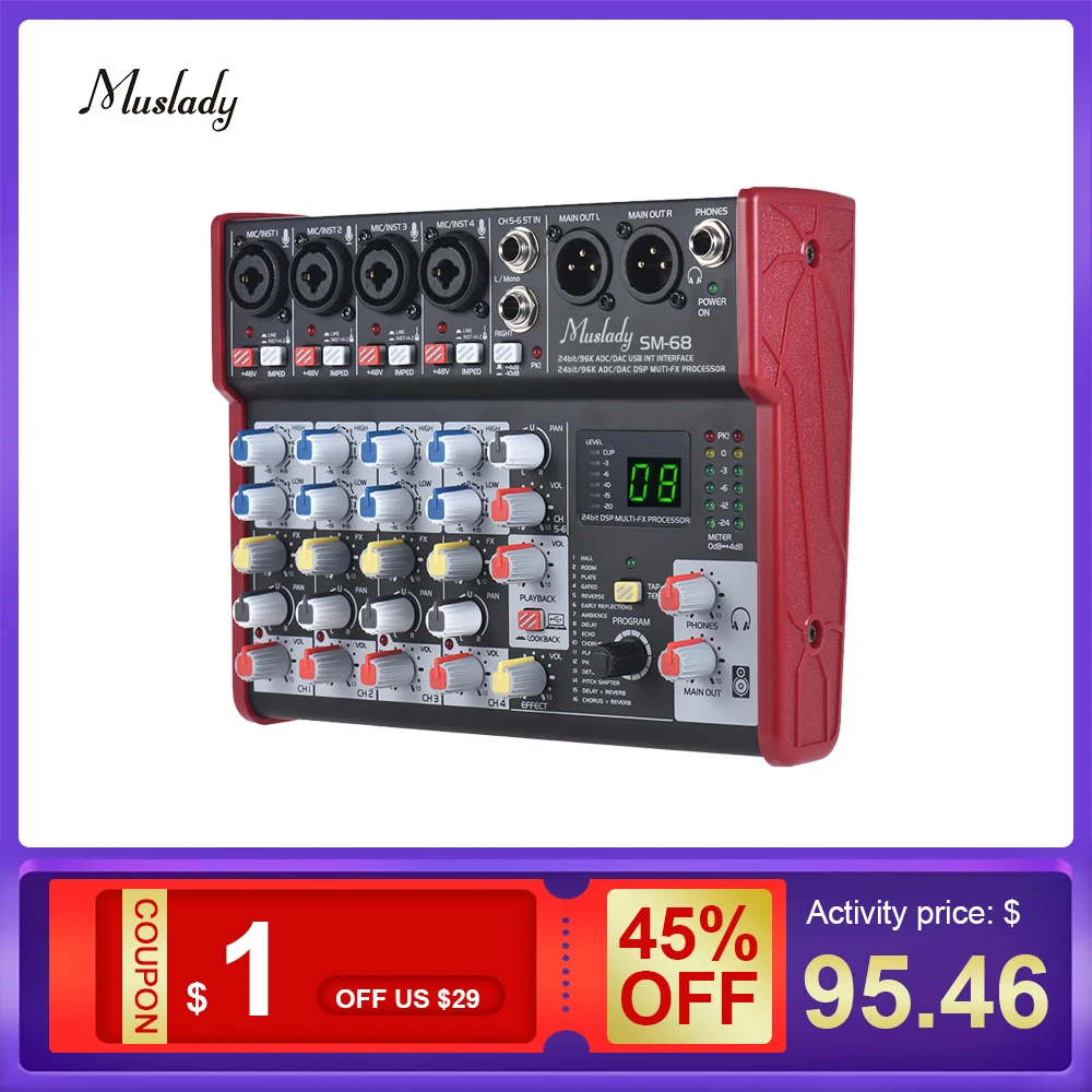 Muslady SM-68 6-ти канальный цифровой микшер звуковая карта микшерный пульт встроенная карта памяти 16 эффекты с USB аудио Интерфейс поддерживает