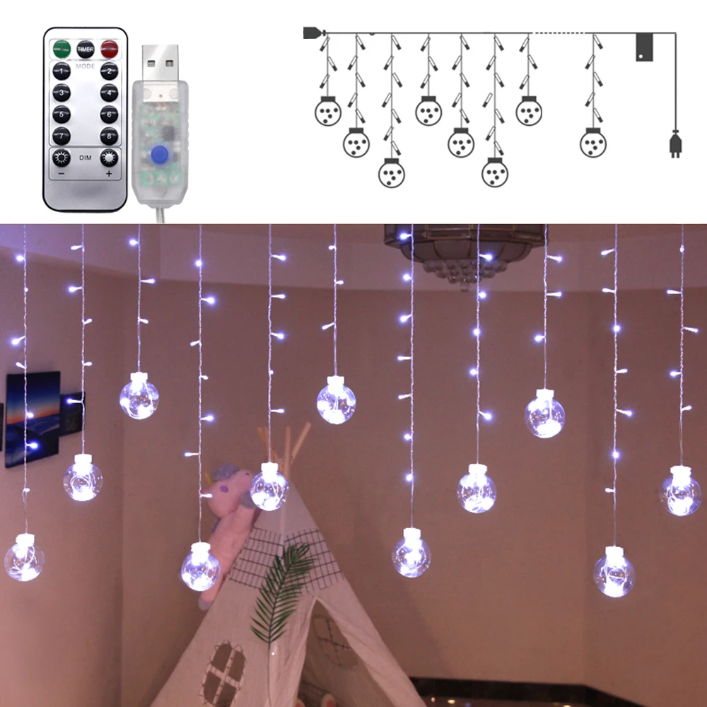 Светодиодный светильник-гирлянда, 8 режимов, светодиодный стеклянный шаровой занавес, подвесные лампы для дома, вечерние, рождественские украшения, USB/EU штекер/пульт дистанционного управления - Испускаемый цвет: White