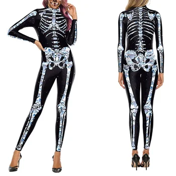 

Halloween 3D Gold Skeleton Printed Jumpsuit Women Halloween Costumes Streetwear Long Sleeve Rompers Womens Jumpsuit