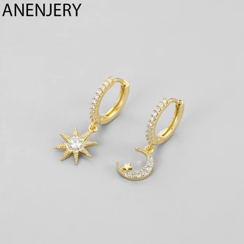 

ANENJERY Fashion Moon Star Asymmetric Hoop Earring Silver Color Micro Inlaid Zircon Earring Jewelry For Women S-E1130