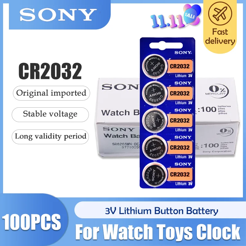 100 шт./лот sony CR2032 3 в 100% оригинальная литиевая батарея для часов с пультом