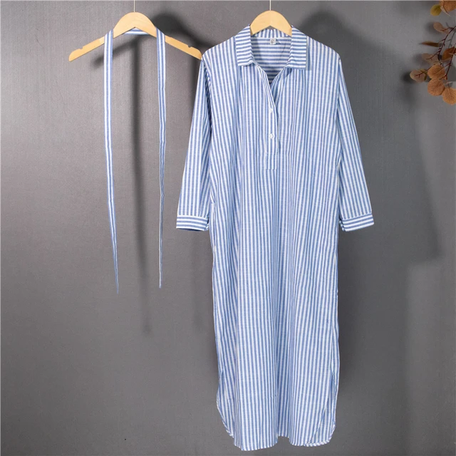 Colorfaith New 2021 Summer Women Shirt Dress Striped Lapel Single-breasted Lace Up Loose Cotton and Linen Casual Dress DR2268 5