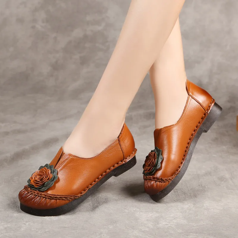 

Spring Hand-sewing Women Genuine Leather Flower Flats Casual Slip-on Round Toe Solid Platform Ladies Shoes Zapatos De Mujer