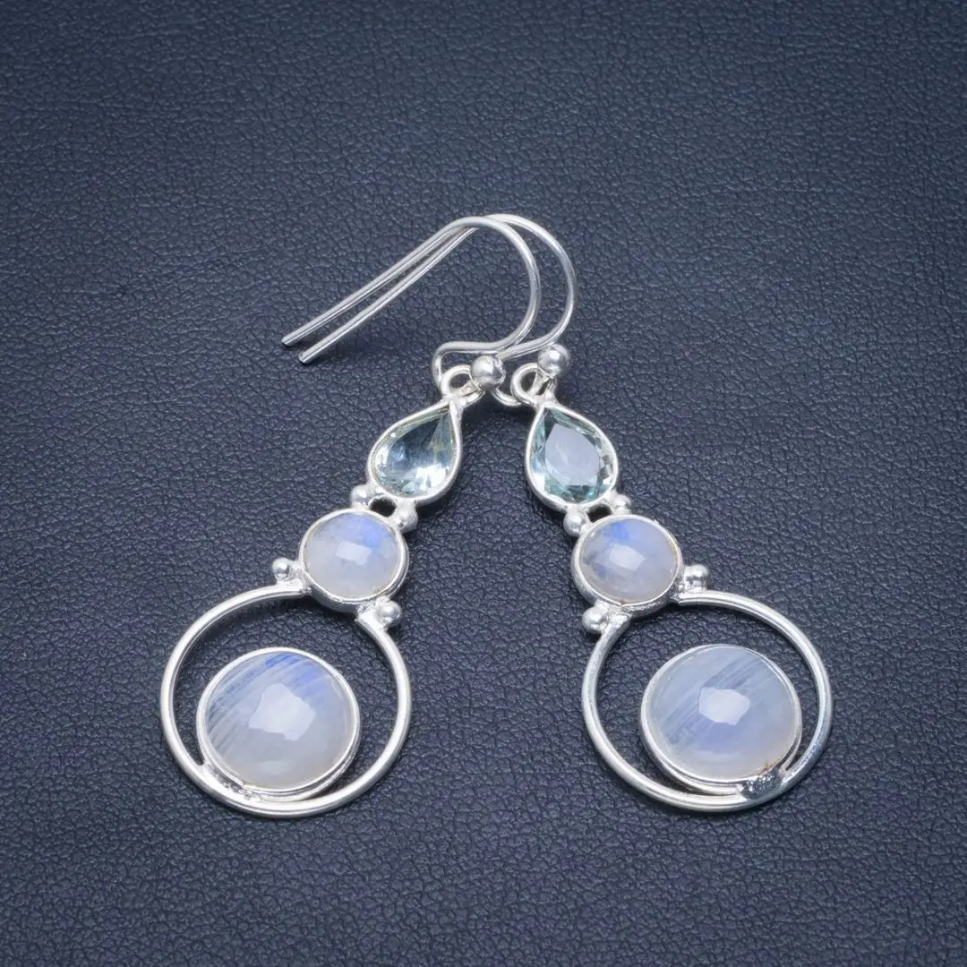 

Natural Rainbow Moonstone and Blue Toapz Handmade Unique 925 Sterling Silver Earrings 1.75" B2615