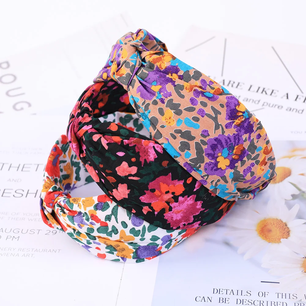 Blumendruck geknotete Stirnbänder Lünette Turban elastische Kreuzschleife Haarbänder für Frauen Haarband Bands Mädchen Haarschmuck Schmuck – Detail 6