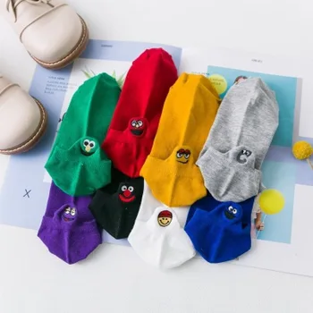

1 Pair Candy Color Ankle Socks Women Kawaii Embroidered Expression Women Socks Happy Fashion Funny Socks Women Cotton Summer