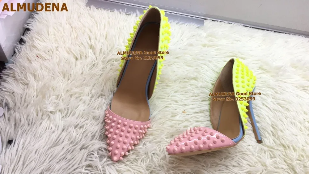 2005S1227 黄色后跟拼粉色鞋头全柳钉 刘一刀160