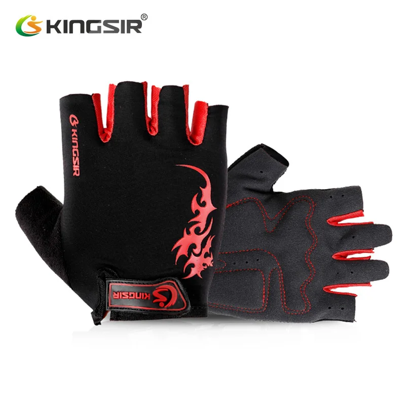 Black Red KINGSIR велосипедные перчатки с полупальцами мужские и женские летние спортивные дышащие противоударные противоскользящие велосипедные перчатки для MTB - Цвет: Black Red