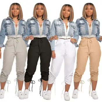 

RT Women Sports Pants Calf Length Sashes Capris Pants High Strings Tie Bottom Trousers Solid Color Street Style Pants