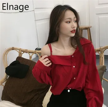 

Elnage Korean Loose Off The Shoulder Tops Retro Long Sleeve Blouse Solid Red Shirts Spring Autumn Blusas Women Clothing 5A134