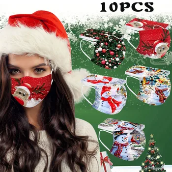 

10pc Disposable Non-woven 3-layer Face Mask Breathable Mask With Elastic Earband Breathable Adult Mouth Mask Christmas Printed#K