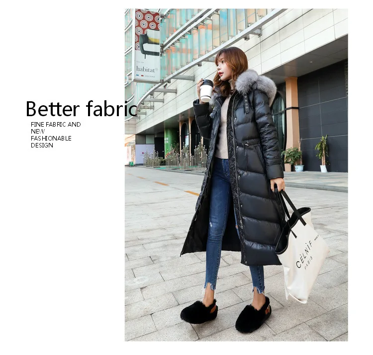 Winter WOMEN'S Long down Jacket Korean-style Slim Fit Elegant Warm Fox Double Fur Collar down Jacket Coat