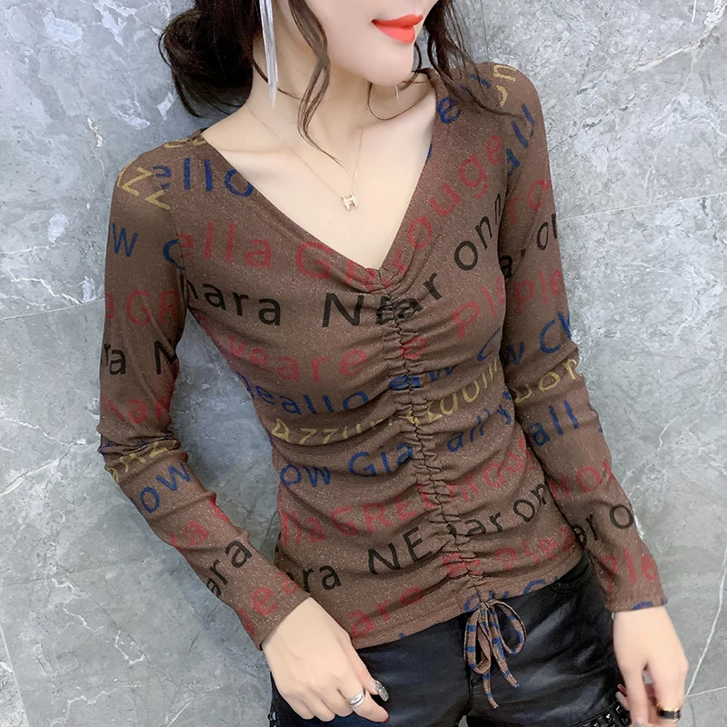 Letter tshirt Корейская Сексуальная нейлоновая футболка с блестящим принтом, новинка, осенне-зимняя женская футболка на шнуровке, Леопардовый топ, Camiseta Mujer, джемпер T90807 - Цвет: Letter tshirt