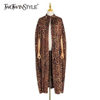 

TWOTWINSTYLE Print Leopard Cardigan Coat O Neck Cloak Sleeve Vintage Loose High Street Coats Female 2020 Spring Fashion New