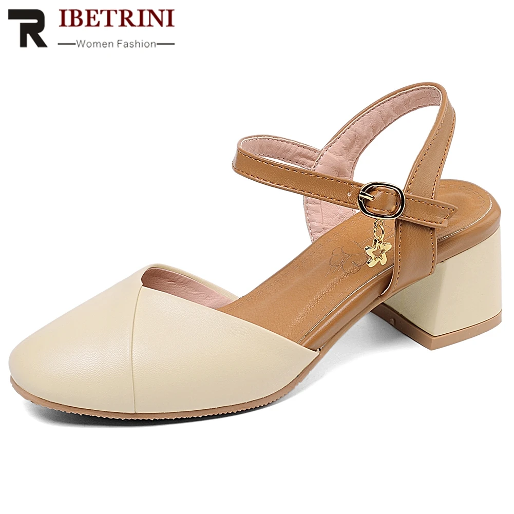 

RIBETRINI Elegant Female Summer Shoes Woman Round Toe Buckle Strap Metal Square Heel Sandals Women Mixed Color Sandals