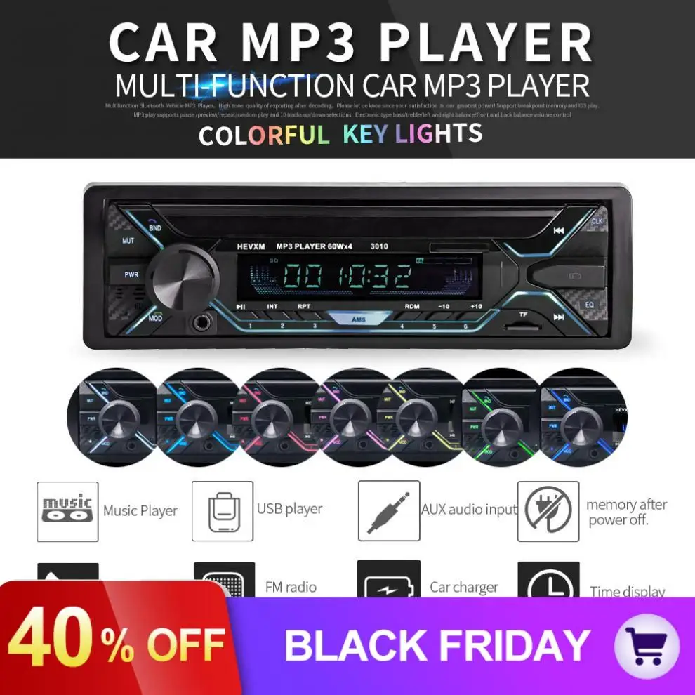 12 в 1 DIN в-dash Bluetooth 7 цветной светильник для автомобиля FM Радио стерео MP3 аудио плеер Поддержка SD USB MP3 Aux вход с пультом дистанционного управления