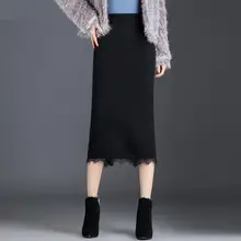 Новая модная Высококачественная трикотажная Женская юбка с разрезом, Осень-зима, утолщенная эластичная резинка на талии, кружевная повседневная юбка до середины икры размера плюс