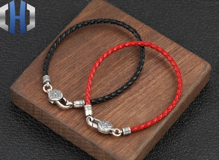 S925 стерлингового серебра ювелирные изделия шесть слов мантра король конг пестик пряжка кожаный Веревка Цепи мужчин и женщин браслет