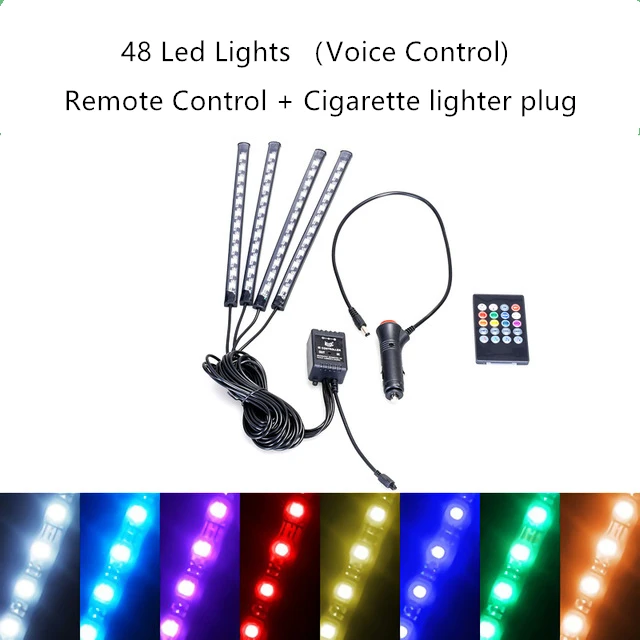 Car Interior Light RGB LED Decorative Light Strip With USB Wireless Remote Music Control Multiple Modes Car Foot Light 48LED Cigar Remote